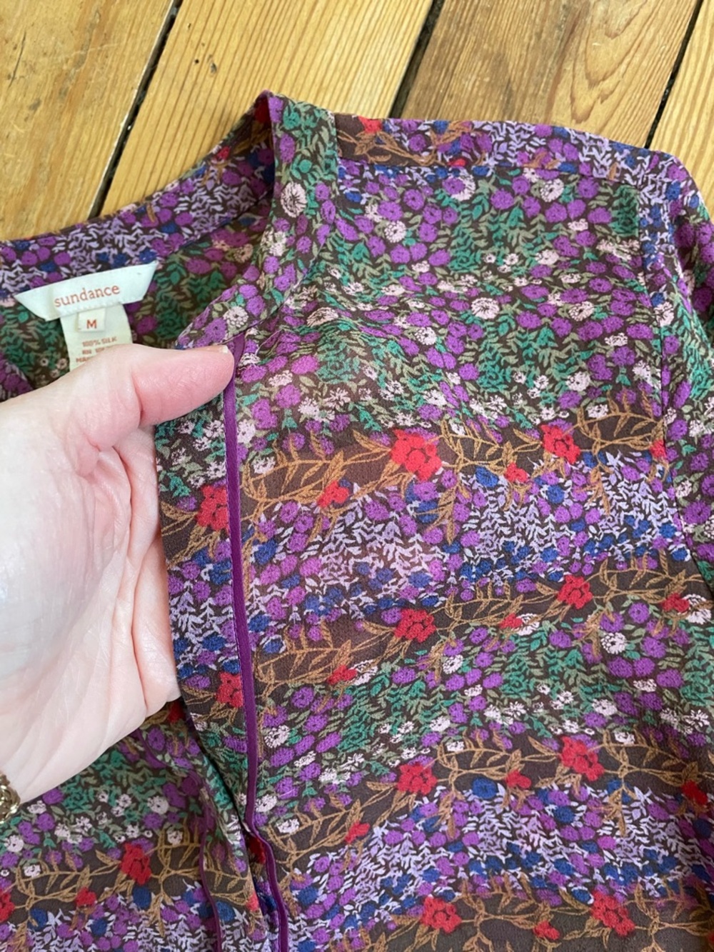 Sundance Purple Floral Long-Sleeve Silk Button-Front Blouse - Picture 2 of 3